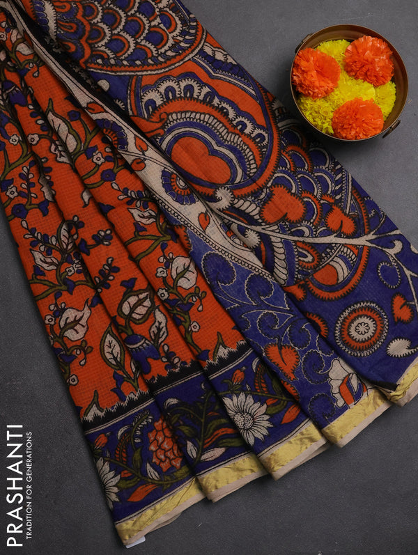 Kota kalamkari cotton saree orange and blue with allover prints and piping border