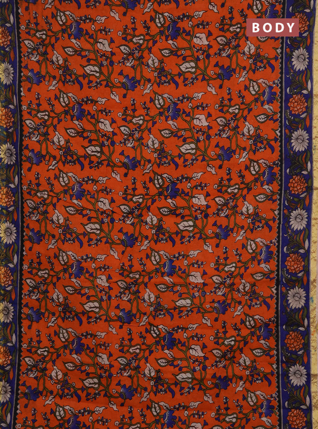 Kota kalamkari cotton saree orange and blue with allover prints and piping border