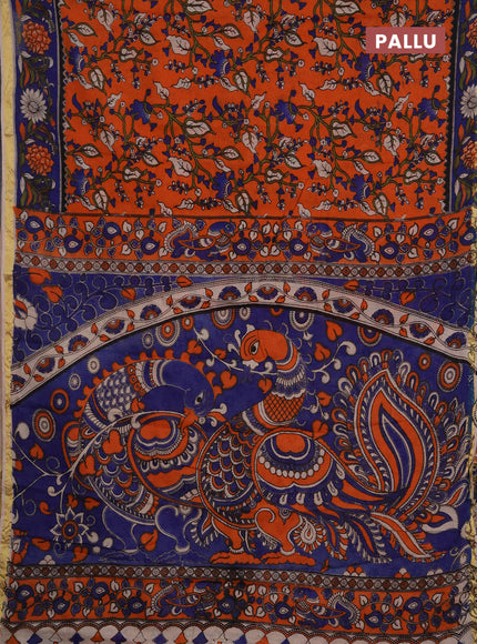 Kota kalamkari cotton saree orange and blue with allover prints and piping border