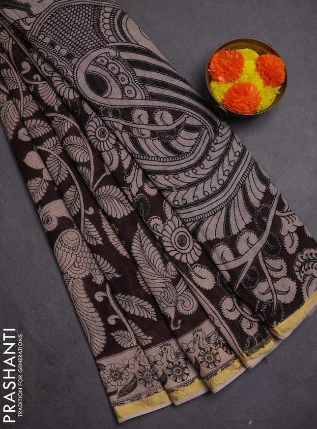 Kota kalamkari cotton saree coffee brown and beige with allover prints and piping border