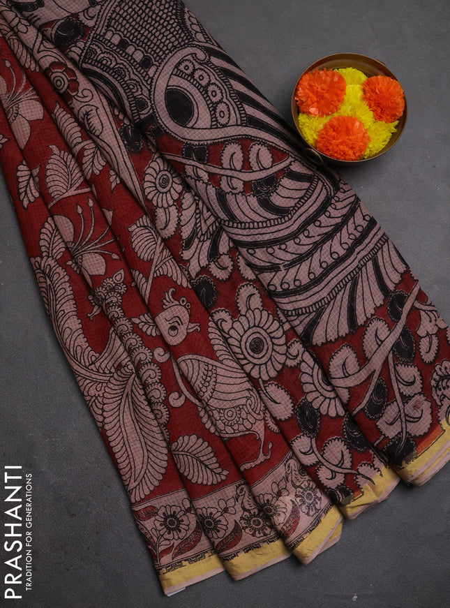 Kota kalamkari cotton saree maroon and beige with allover prints and piping border