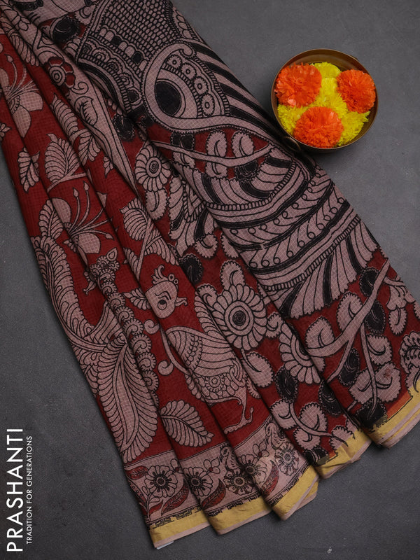 Kota kalamkari cotton saree maroon and beige with allover prints and piping border