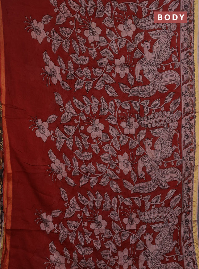 Kota kalamkari cotton saree maroon and beige with allover prints and piping border