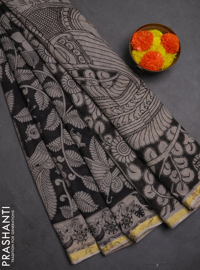 Kota kalamkari cotton saree black and beige with allover prints and piping border