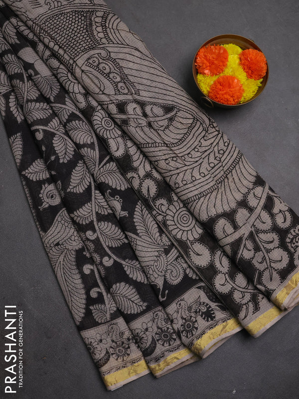 Kota kalamkari cotton saree black and beige with allover prints and piping border