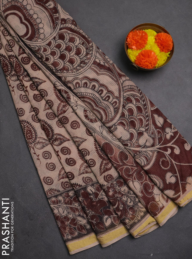Kota kalamkari cotton saree beige and maroon with allover prints and piping border