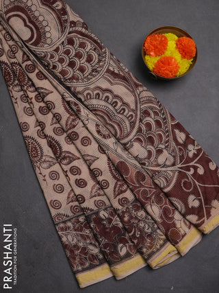 Kota kalamkari cotton saree beige and maroon with allover prints and piping border