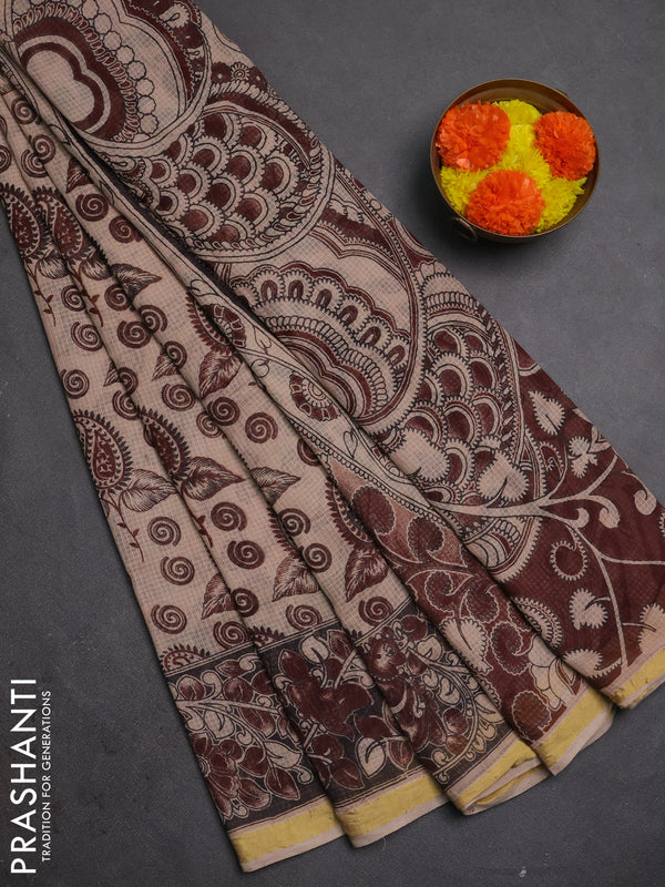 Kota kalamkari cotton saree beige and maroon with allover prints and piping border