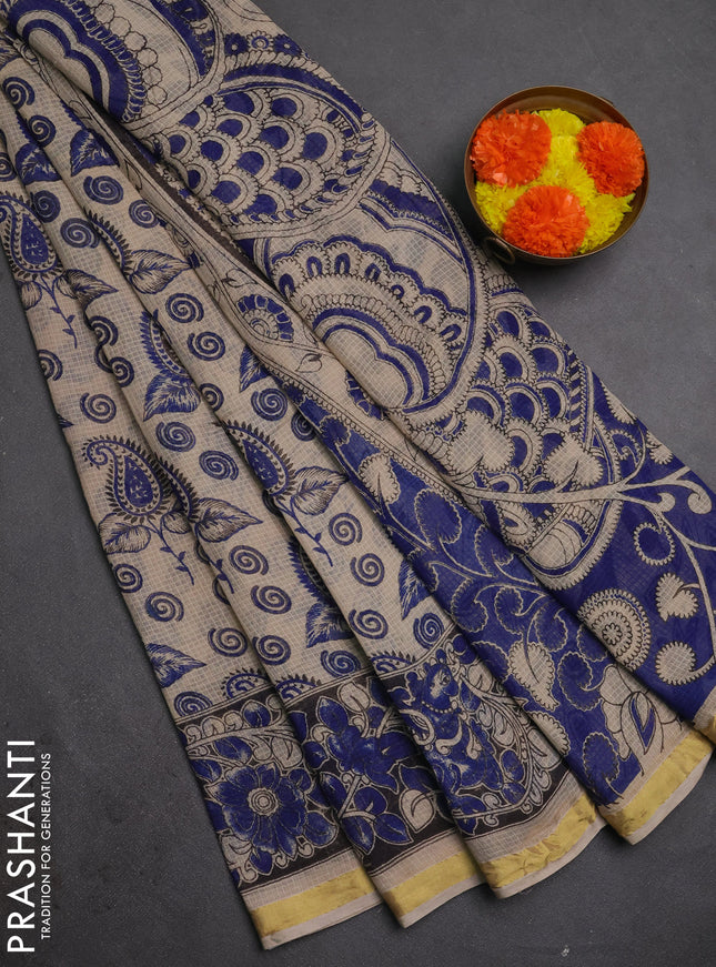 Kota kalamkari cotton saree beige and blue with allover prints and piping border