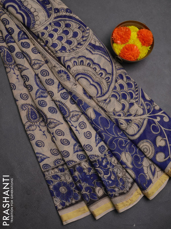 Kota kalamkari cotton saree beige and blue with allover prints and piping border