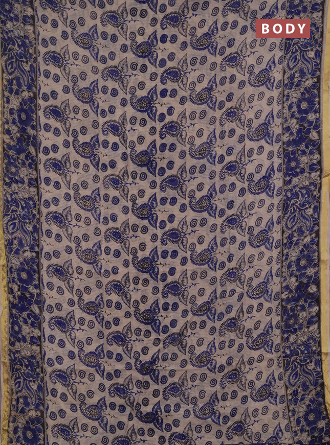 Kota kalamkari cotton saree beige and blue with allover prints and piping border