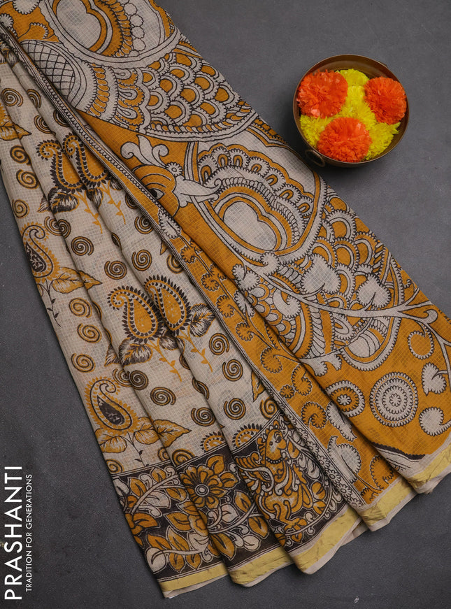 Kota kalamkari cotton saree beige and mustard yellow with allover prints and piping border