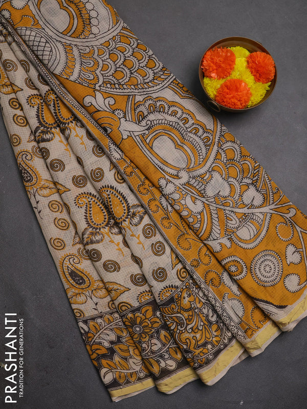 Kota kalamkari cotton saree beige and mustard yellow with allover prints and piping border