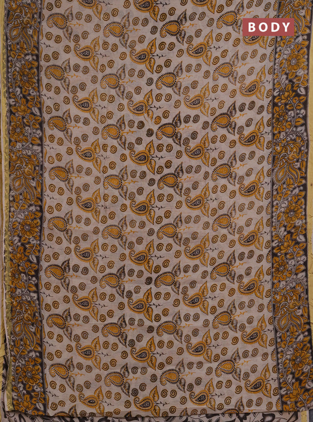 Kota kalamkari cotton saree beige and mustard yellow with allover prints and piping border