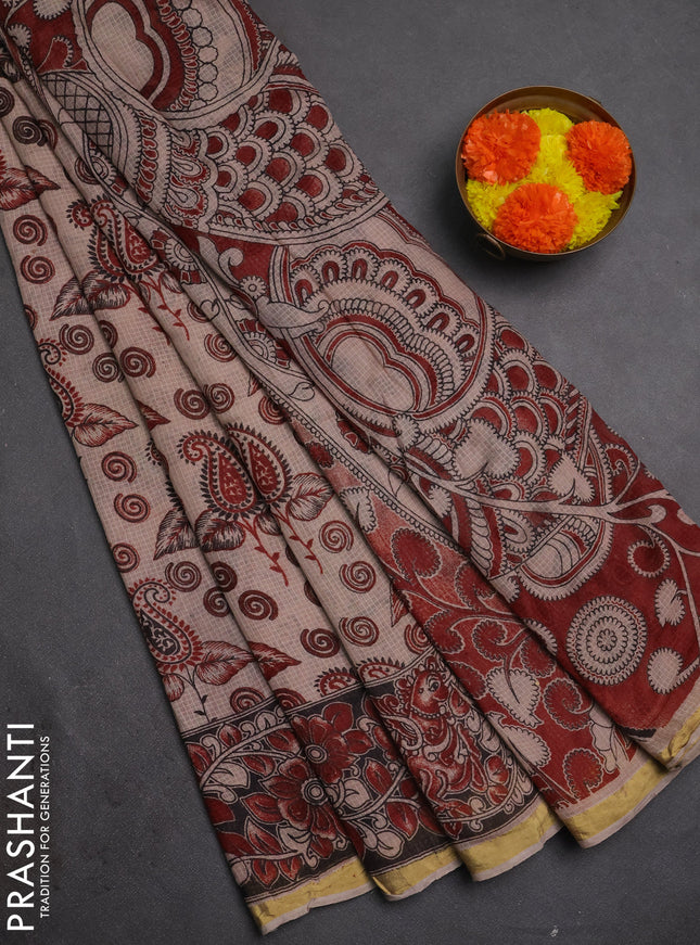 Kota kalamkari cotton saree beige and maroon with allover prints and piping border