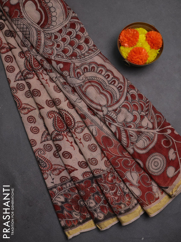 Kota kalamkari cotton saree beige and maroon with allover prints and piping border