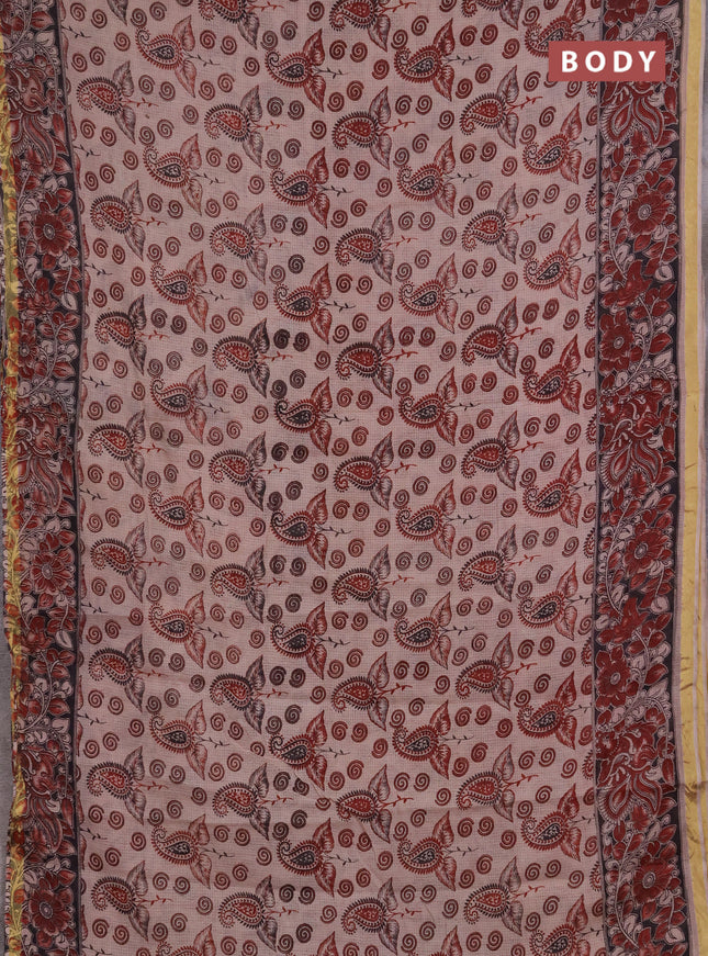 Kota kalamkari cotton saree beige and maroon with allover prints and piping border