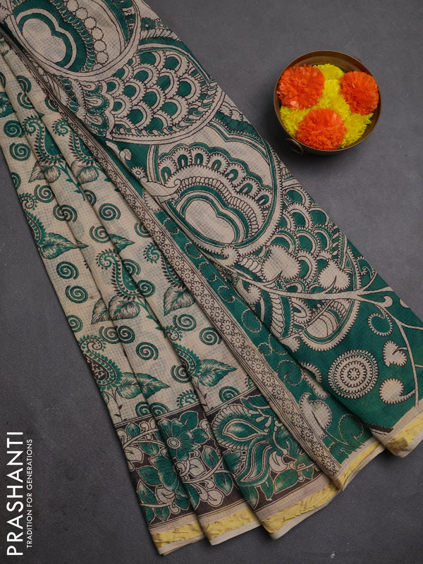 Kota kalamkari cotton saree beige and teal green with allover prints and piping border