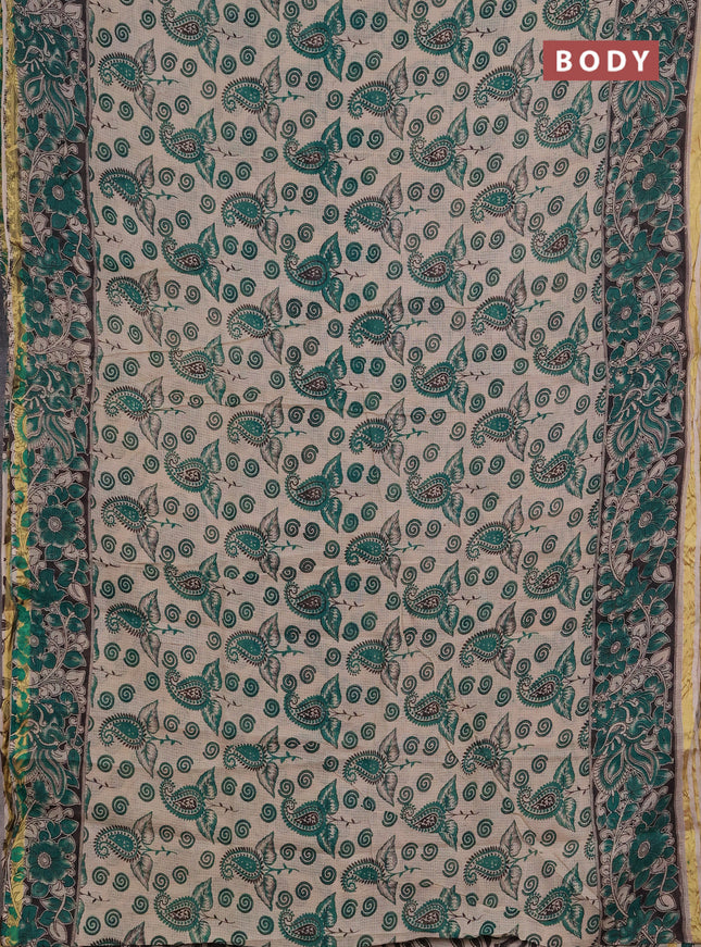 Kota kalamkari cotton saree beige and teal green with allover prints and piping border