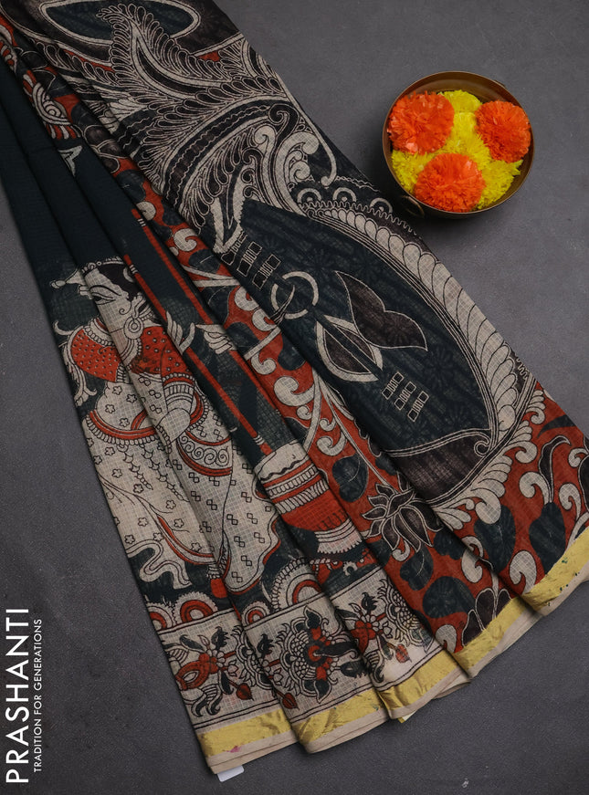 Kota kalamkari cotton saree bottle green and beige with allover prints and piping border