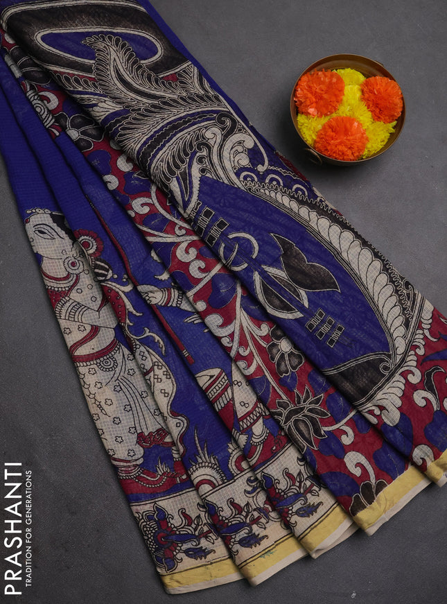 Kota kalamkari cotton saree blue and beige with allover prints and piping border