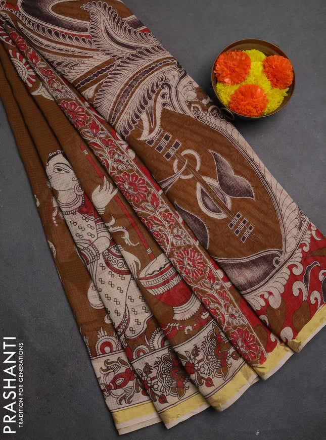 Kota kalamkari cotton saree dark mustard and beige with allover prints and piping border