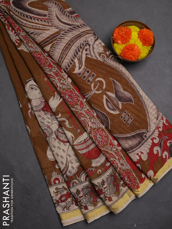 Kota kalamkari cotton saree dark mustard and beige with allover prints and piping border