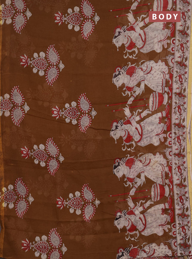 Kota kalamkari cotton saree dark mustard and beige with allover prints and piping border