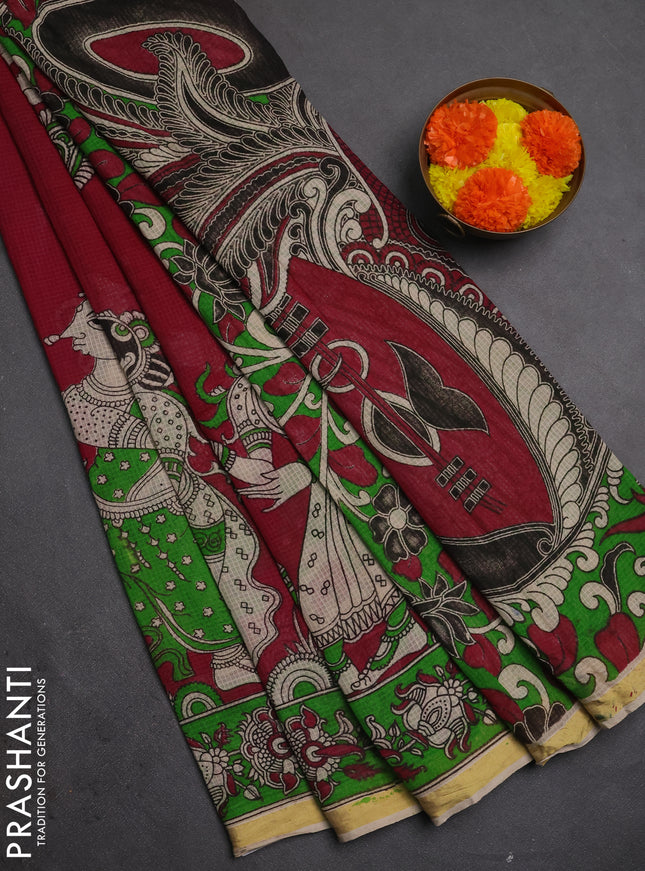 Kota kalamkari cotton saree maroon and light green with allover prints and piping border