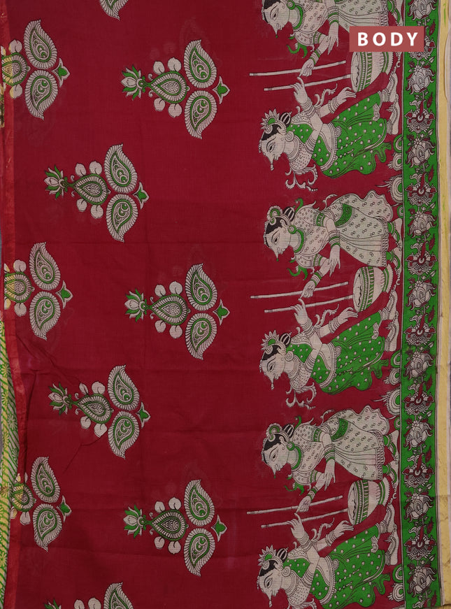 Kota kalamkari cotton saree maroon and light green with allover prints and piping border