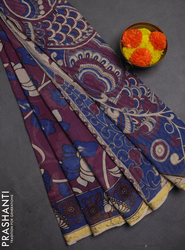 Kota kalamkari cotton saree purple and blue with allover prints and piping border