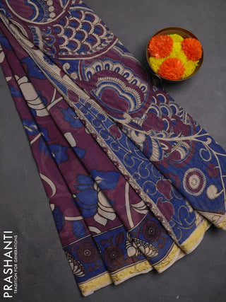 Kota kalamkari cotton saree purple and blue with allover prints and piping border