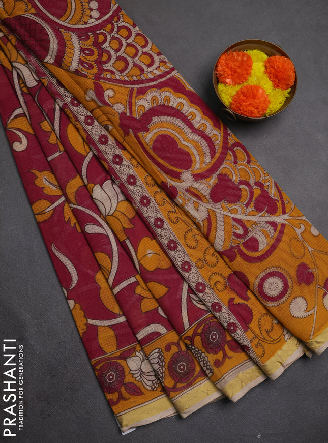 Kota kalamkari cotton saree pink and mustard yellow with allover prints and piping border