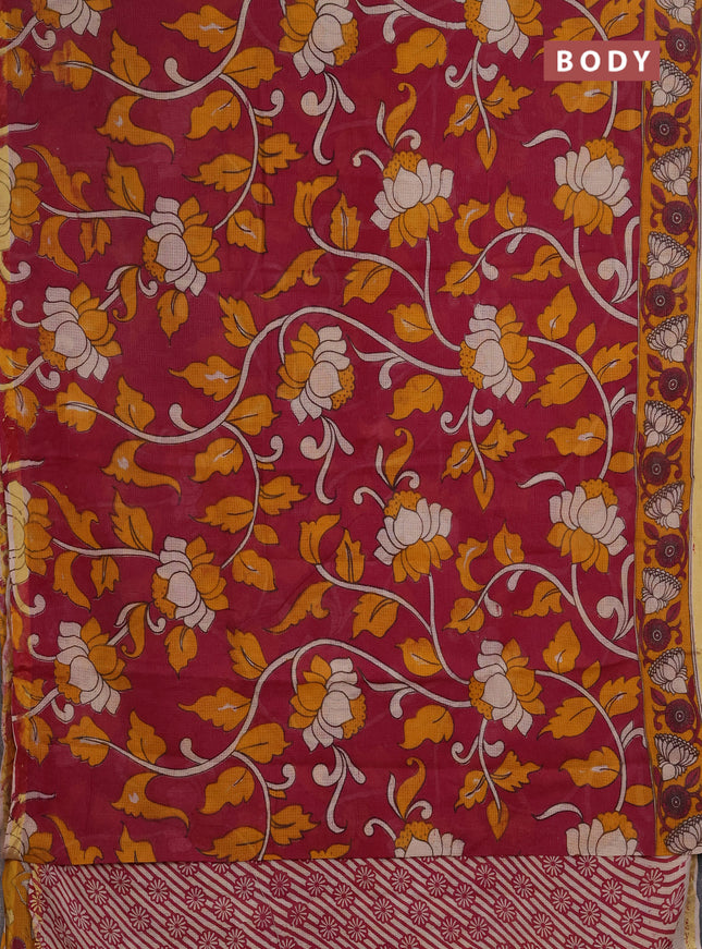 Kota kalamkari cotton saree pink and mustard yellow with allover prints and piping border
