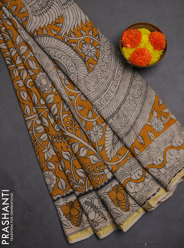 Kota kalamkari cotton saree mustard yellow and beige with allover prints and piping border