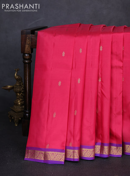 Pure kanchipuram silk saree tomato pink and royal blue with zari woven buttas and small zari woven border