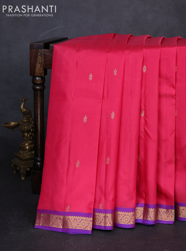 Pure kanchipuram silk saree tomato pink and royal blue with zari woven buttas and small zari woven border