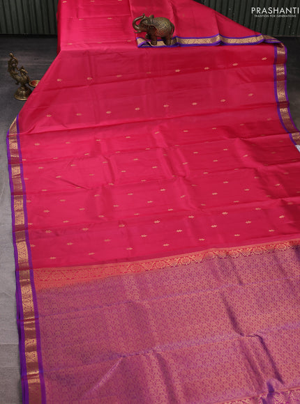 Pure kanchipuram silk saree tomato pink and royal blue with zari woven buttas and small zari woven border