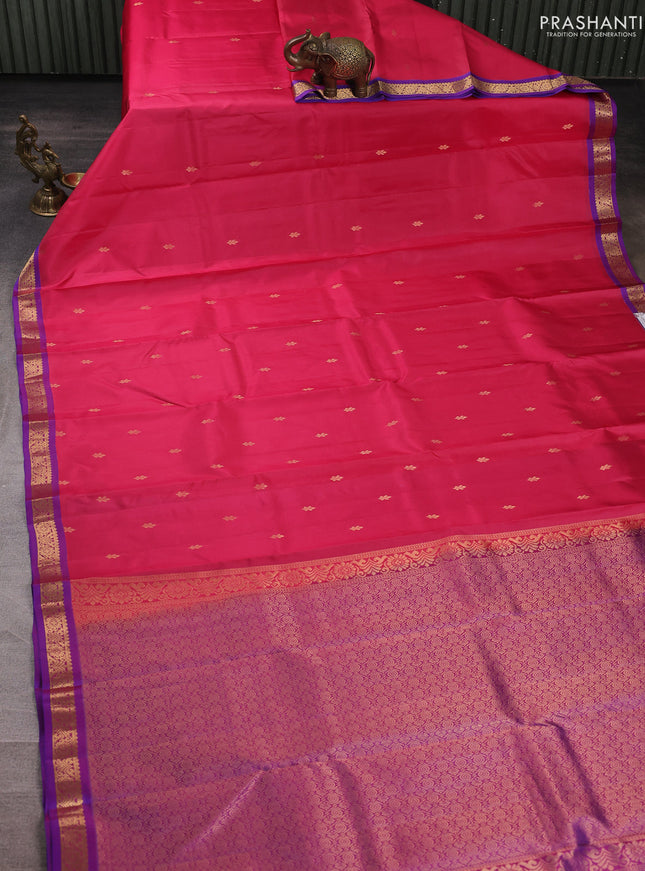 Pure kanchipuram silk saree tomato pink and royal blue with zari woven buttas and small zari woven border