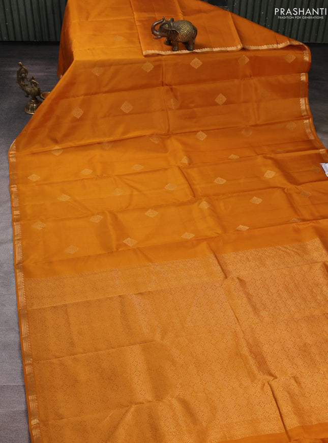 Pure kanchipuram silk saree mustard yellow with zari woven buttas and small zari woven border