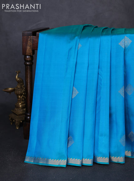 Pure kanchipuram silk saree teal blue with zari woven buttas and small zari woven border