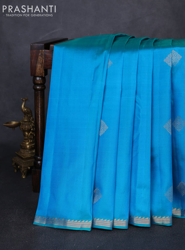 Pure kanchipuram silk saree teal blue with zari woven buttas and small zari woven border