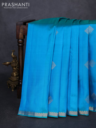Pure kanchipuram silk saree teal blue with zari woven buttas and small zari woven border