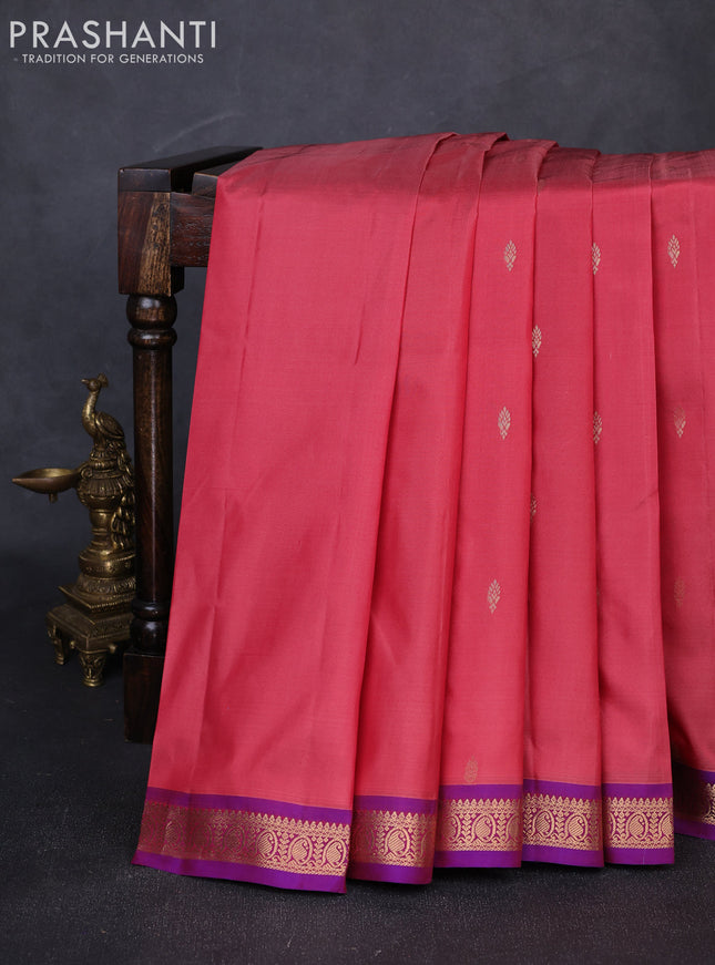 Pure kanchipuram silk saree red shade and purple with zari woven buttas and small zari woven border
