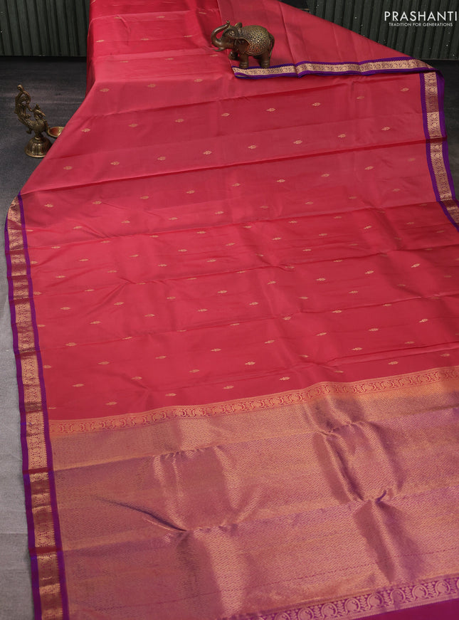 Pure kanchipuram silk saree red shade and purple with zari woven buttas and small zari woven border