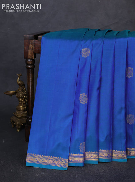 Pure kanchipuram silk saree dual shade of bluish green with zari woven buttas and small zari woven border