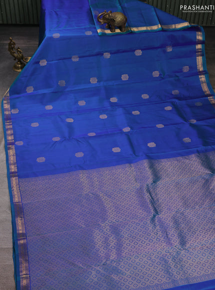 Pure kanchipuram silk saree dual shade of bluish green with zari woven buttas and small zari woven border