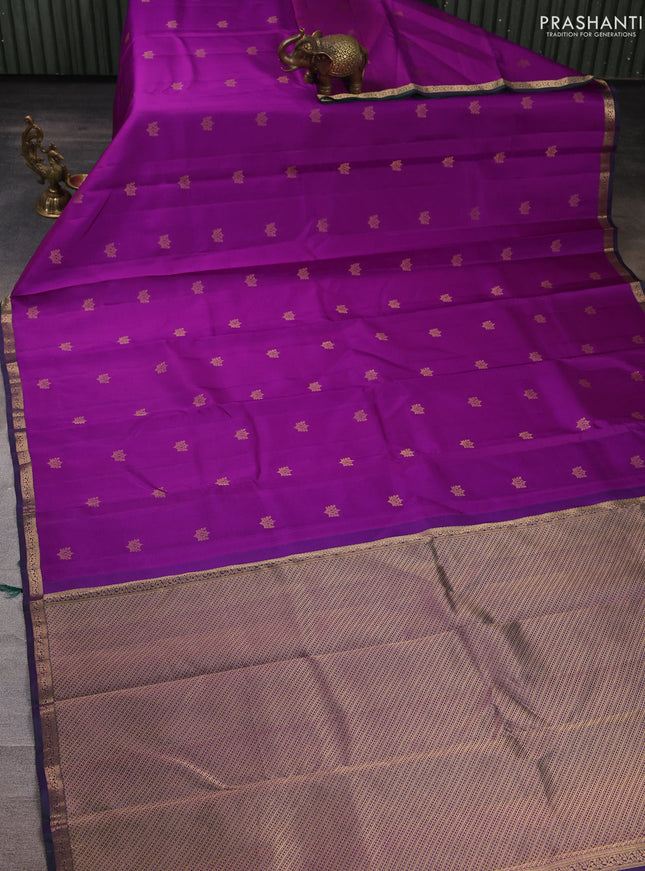 Pure kanchipuram silk saree purple and green with allover zari woven buttas and small zari woven border