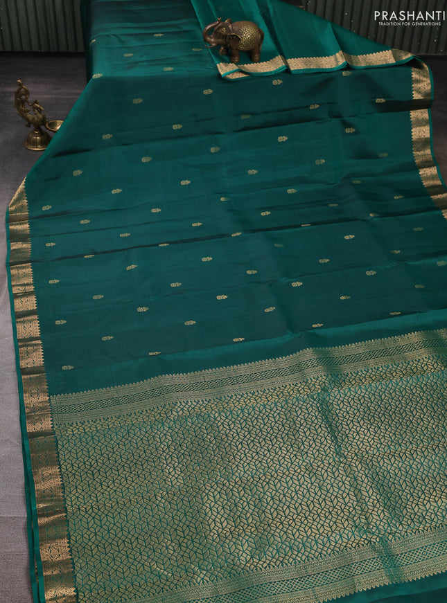 Pure kanchipuram silk saree teal green with allover zari woven buttas and small zari woven border
