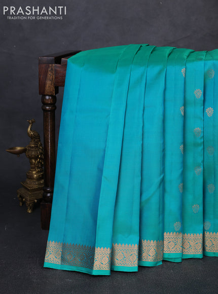 Pure kanchipuram silk saree teal green with allover zari woven buttas and small zari woven border